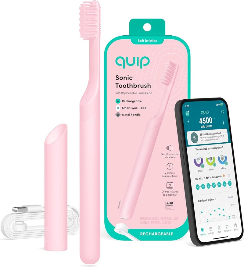 quip Rechargeable Smart Sonic Toothbrush for Adults - Timed Electric Toothbrush with Bluetooth & Rewards App - Replaceable Brush Head, Soft Bristles, Metal Handle - Travel Toothbrush - All-Pink - Image 1